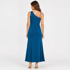 Women's Blue One-Shoulder Ruched Maxi Dress-4
