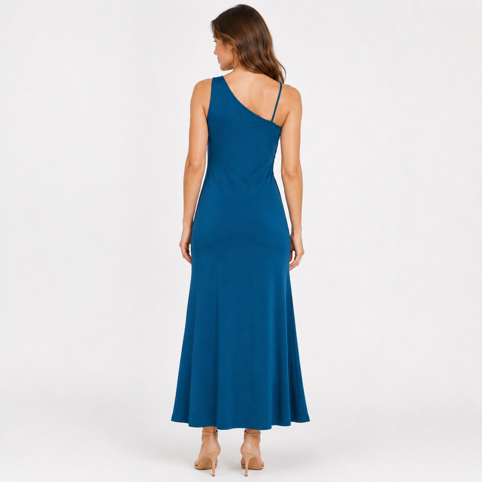 Women's Blue One-Shoulder Ruched Maxi Dress-4