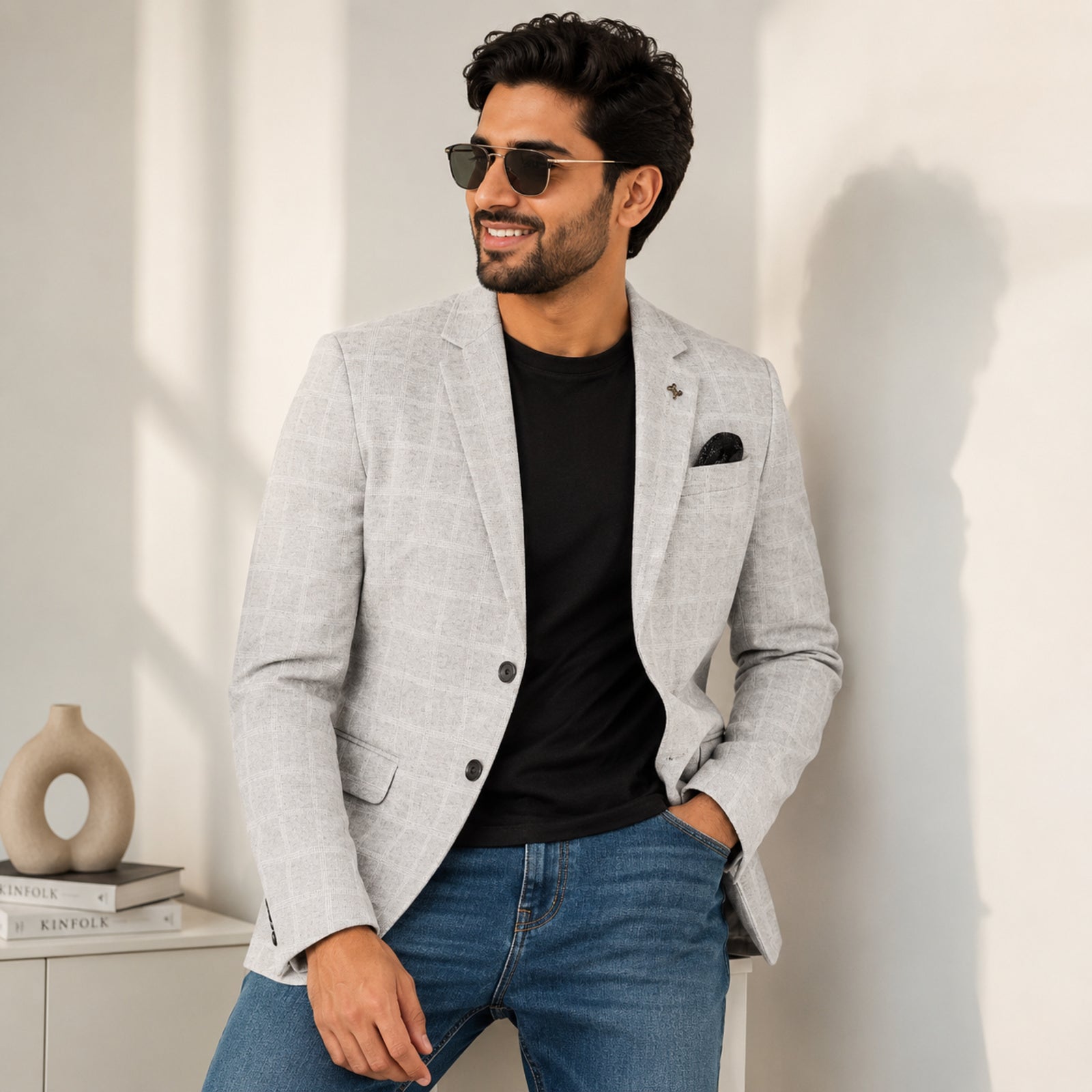 Men's Light Grey Checked Formal Blazer-4