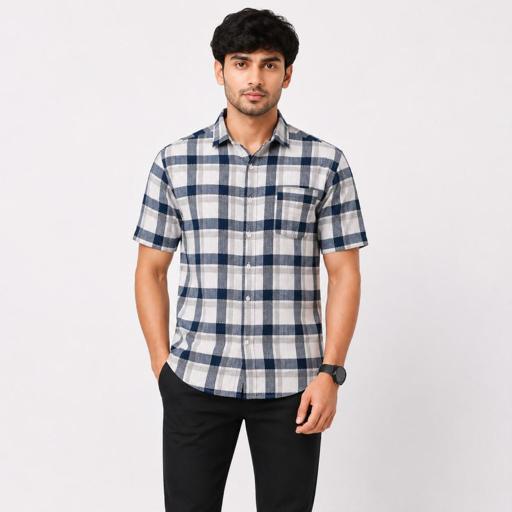 Men's White & Dark Grey Checked Half Sleeve Casual Shirt-4