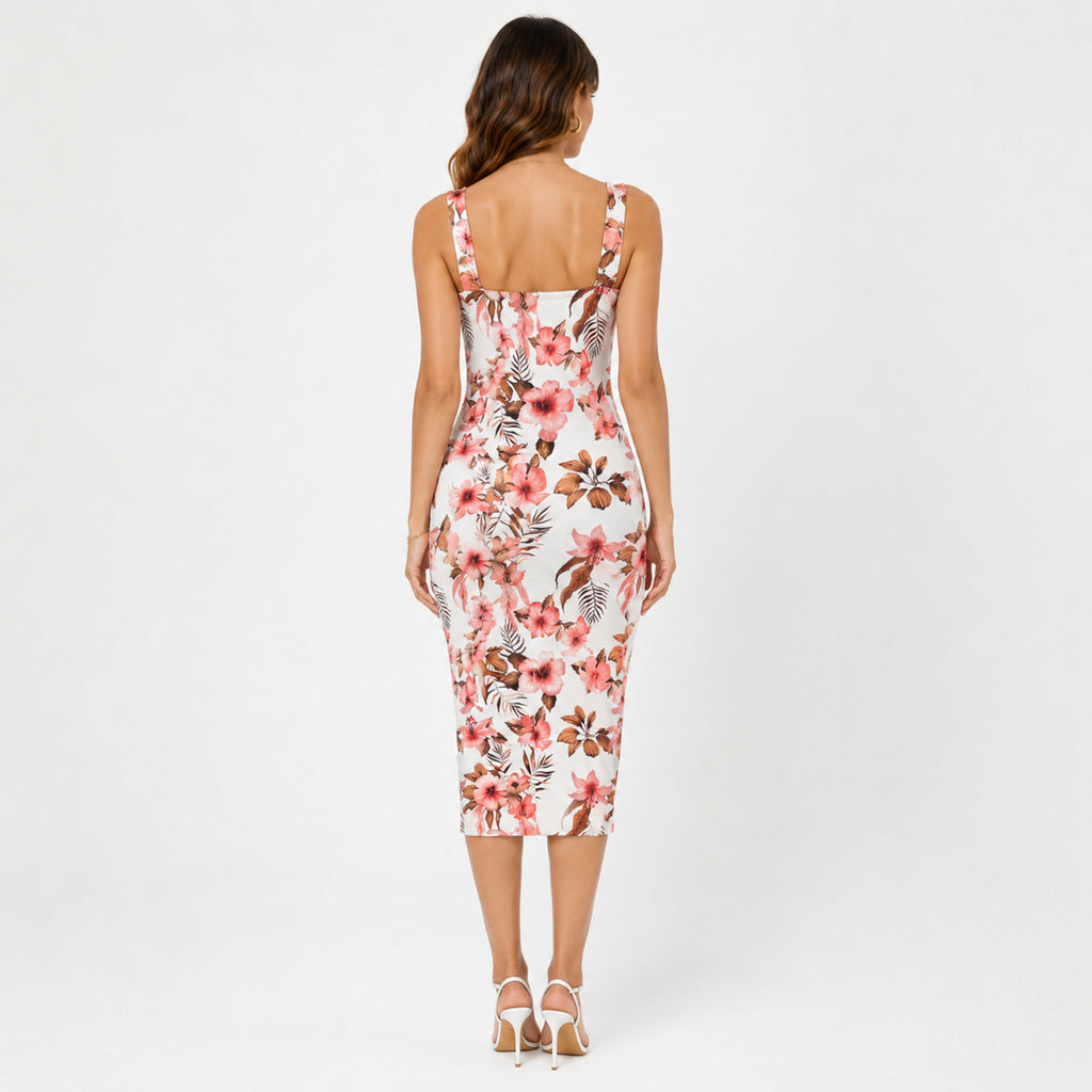 Women's White Floral Printed Sleeveless Bodycon Midi Dress | Square Neck Slim Fit Casual Party Dress-4