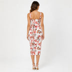 Women's White Floral Printed Sleeveless Bodycon Midi Dress | Square Neck Slim Fit Casual Party Dress-4