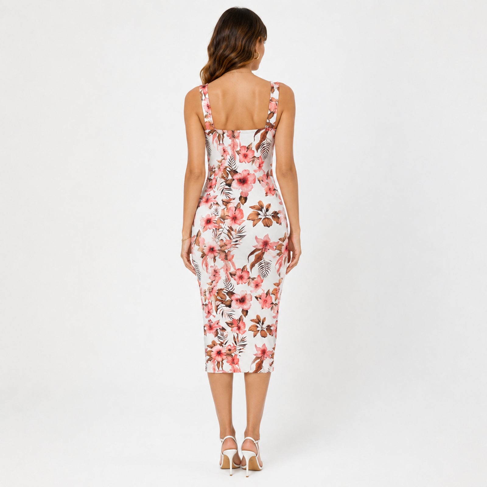 Women's White Floral Printed Sleeveless Bodycon Midi Dress | Square Neck Slim Fit Casual Party Dress-4