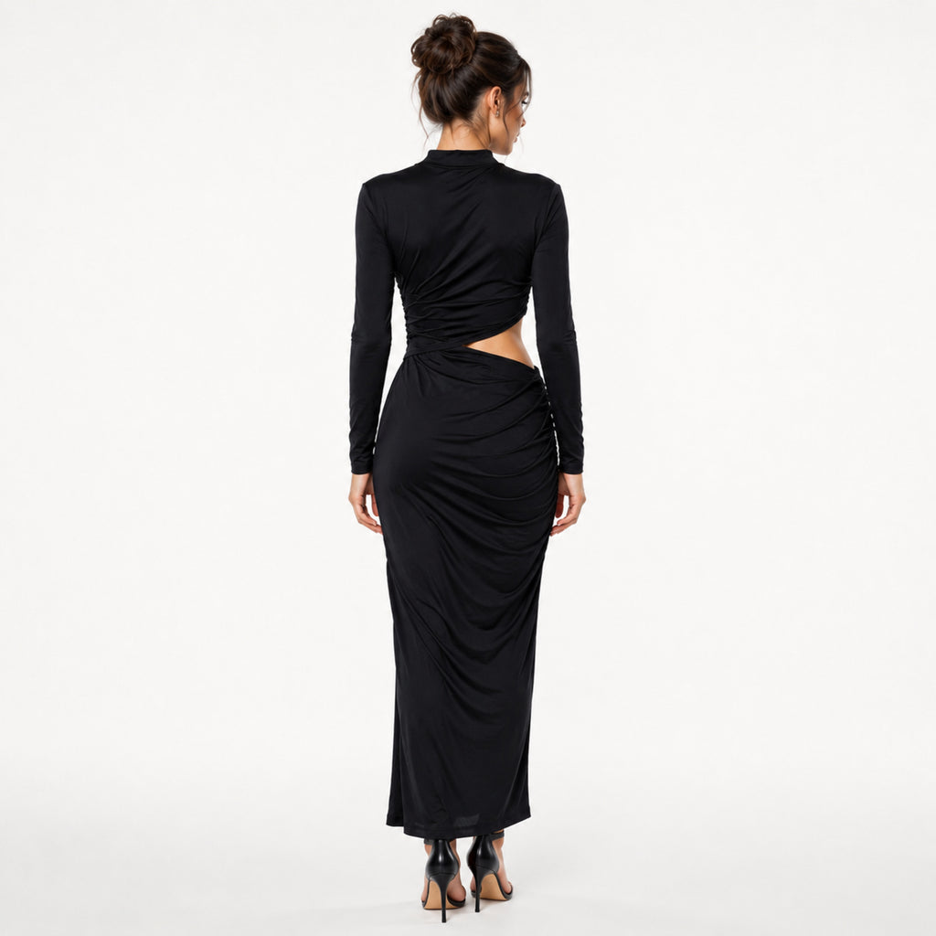 Women's Black High Neck Cut-Out Draped Midi Dress | Sleek Ruched Evening Dress-4