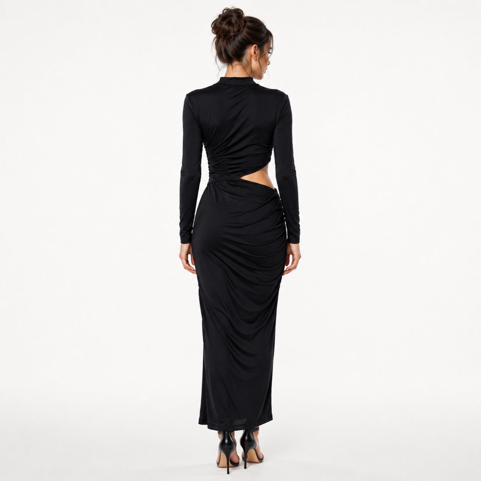 Women's Black High Neck Cut-Out Draped Midi Dress | Sleek Ruched Evening Dress-4