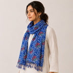 Women's Blue Geometric Printed Tassel Scarf-4