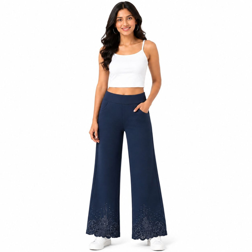 Women's Navy Blue Embroidered Wide Leg Palazzo Pants | High-Rise Casual Bottom Wear-1