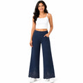 Women's Navy Blue Embroidered Wide Leg Palazzo Pants | High-Rise Casual Bottom Wear-1