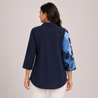 Women's Navy Blue Abstract Leaf Print Tunic Top | Elegant Collared Three-Quarter Sleeve Casual Office Wear Top-4