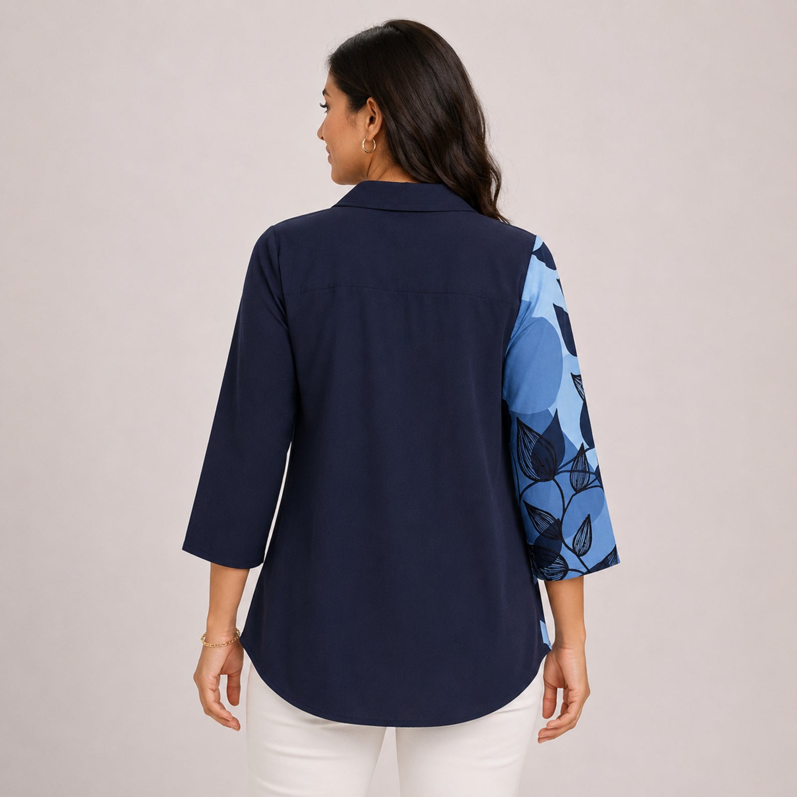 Women's Navy Blue Abstract Leaf Print Tunic Top | Elegant Collared Three-Quarter Sleeve Casual Office Wear Top-4