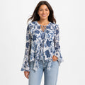 Women's White Blue Floral Print Tie-Neck Handkerchief Hem Top | Flared Sleeve Blouse-1