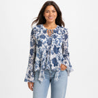 Women's White Blue Floral Print Tie-Neck Handkerchief Hem Top | Flared Sleeve Blouse-1