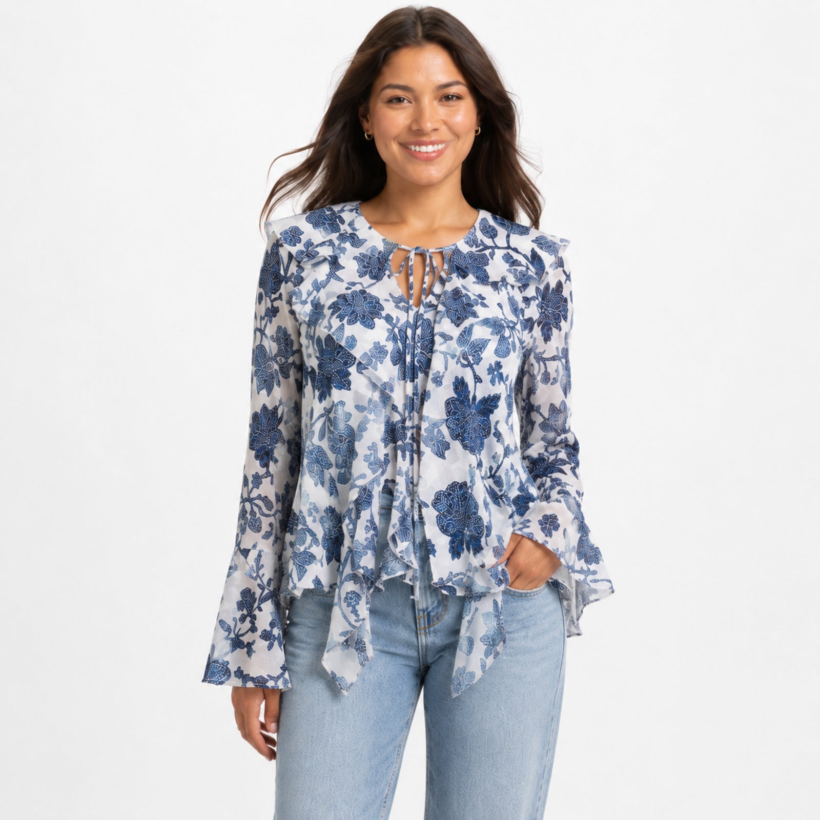 Women's White Blue Floral Print Tie-Neck Handkerchief Hem Top | Flared Sleeve Blouse-1