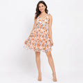 Women's Beige Floral Print Tie-Strap Fit & Flare Mini Dress-1