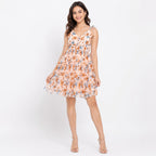 Women's Beige Floral Print Tie-Strap Fit & Flare Mini Dress-1