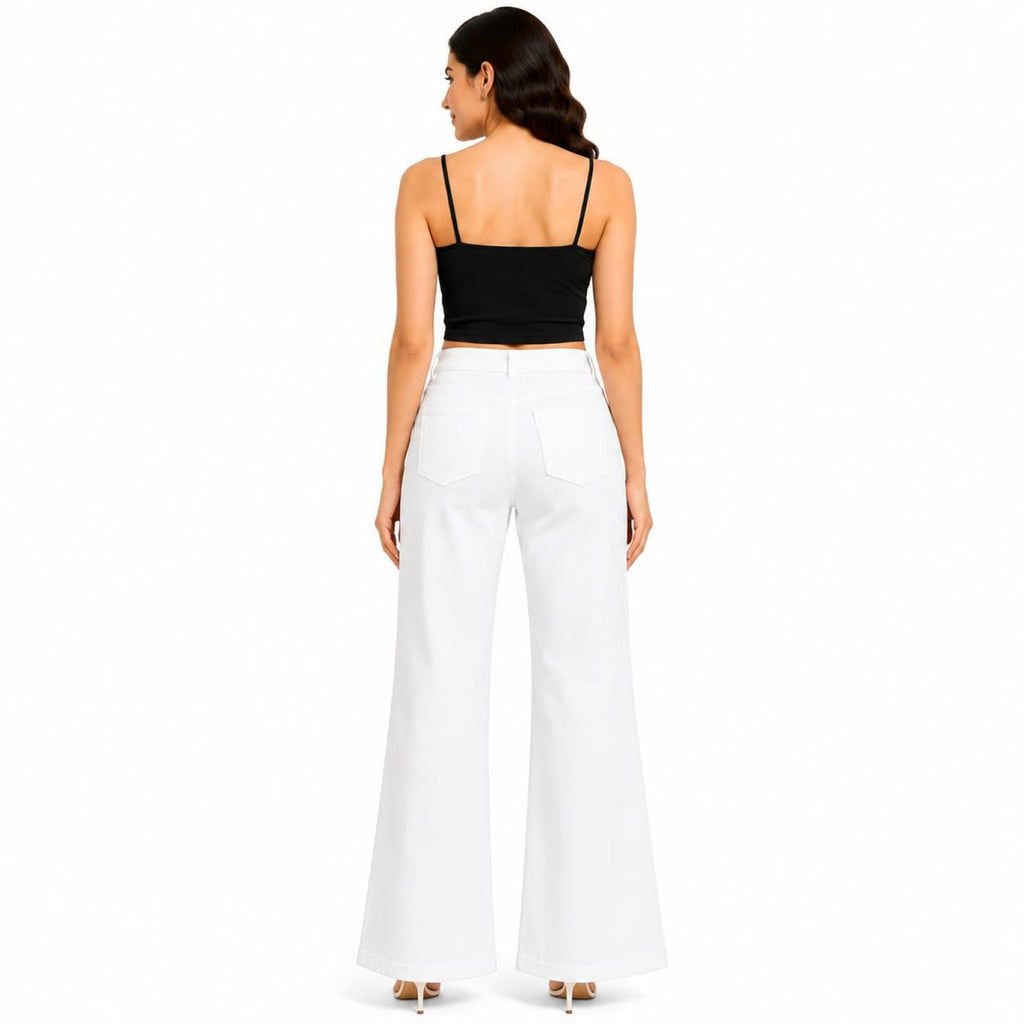 Women's White Wide Leg High-Rise Trousers | Solid Full Length Casual Palazzo Pants-4