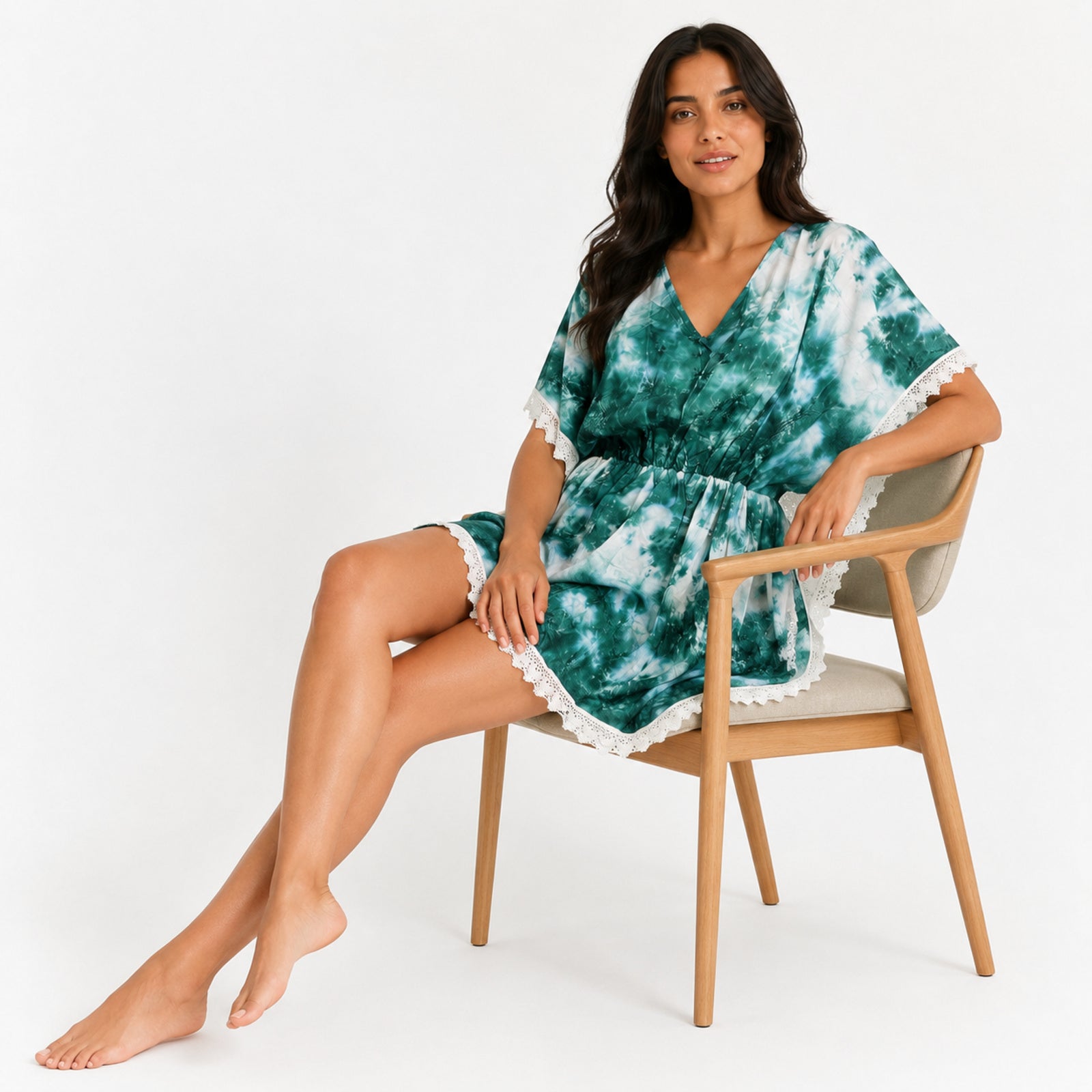 Women's Green Tie-Dye V-Neck Lace Trim Kaftan Dress | Breezy Resort Wear Cover-Up-2