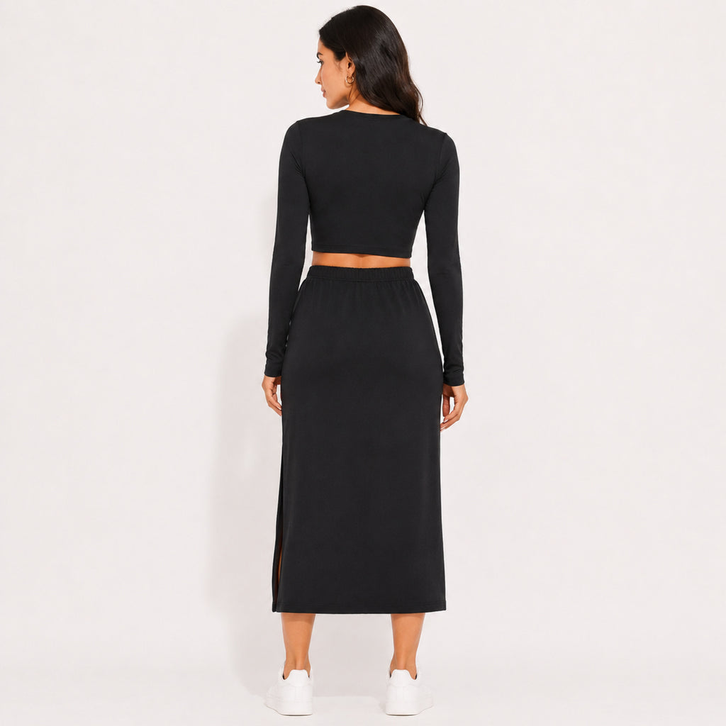 Women's Black Long Sleeve Crop Top and Side Slit Maxi Skirt Co-Ord Set-4