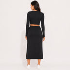 Women's Black Long Sleeve Crop Top and Side Slit Maxi Skirt Co-Ord Set-4