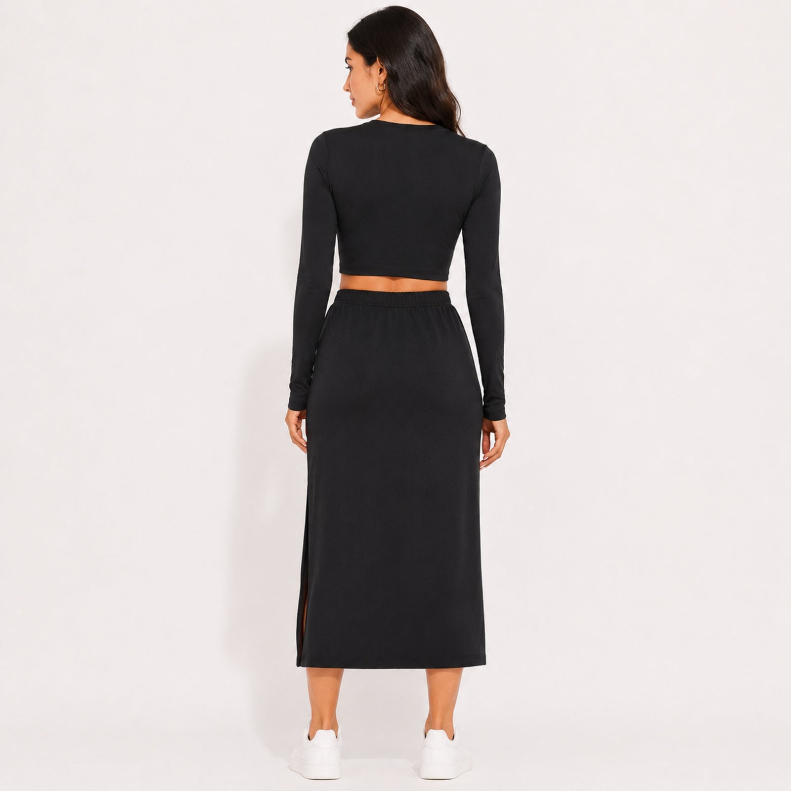 Women's Black Long Sleeve Crop Top and Side Slit Maxi Skirt Co-Ord Set-4