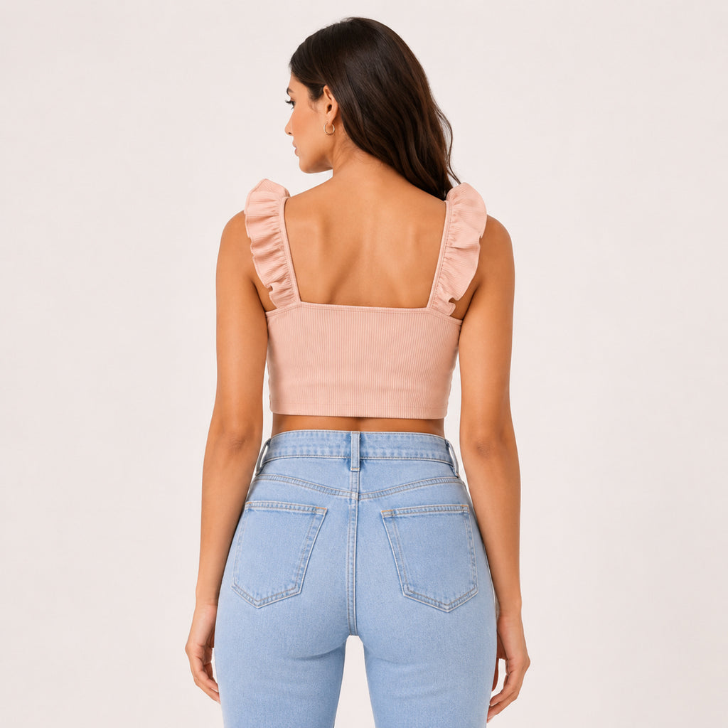 Women's Peach Ribbed Ruffle Strap Crop Top-4