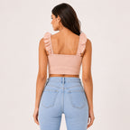 Women's Peach Ribbed Ruffle Strap Crop Top-4