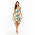 Women's Rainbow Floral Shoulder Tie Smocked Handkerchief Hem Dress | Breezy Resort Wear Mini Dress-1