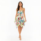 Women's Rainbow Floral Shoulder Tie Smocked Handkerchief Hem Dress | Breezy Resort Wear Mini Dress-1