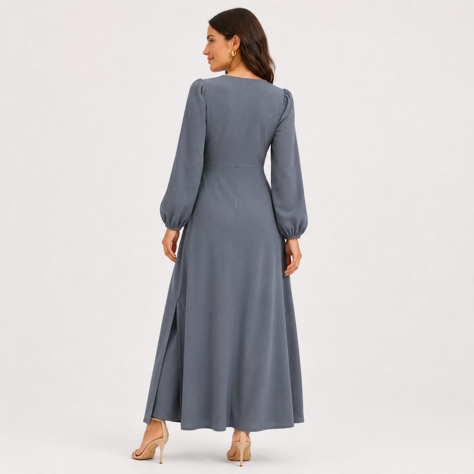 Women's Grey V-Neck Button Detail Long Sleeve Flared Maxi Dress | Elegant Occasion Wear Dress-4
