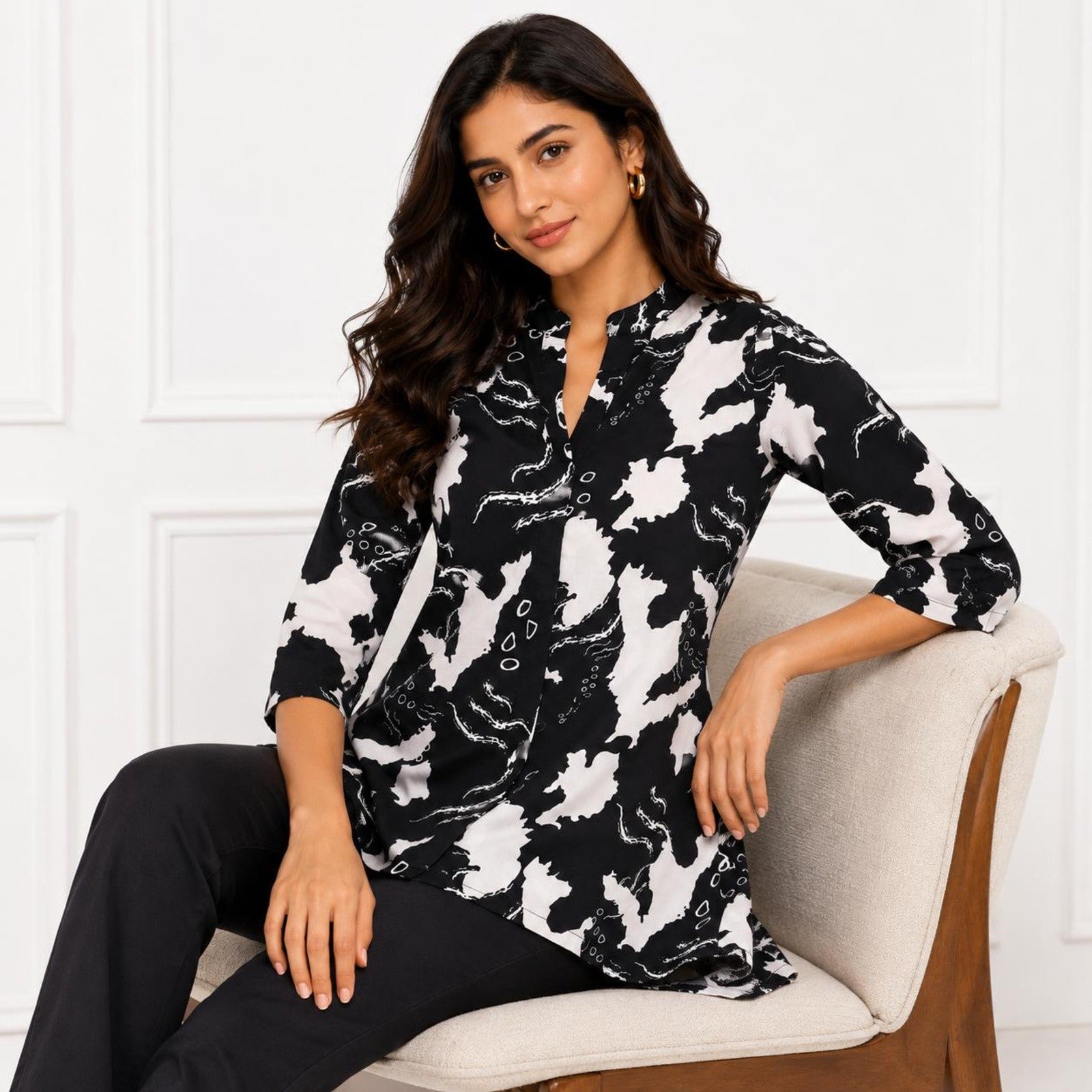 Women's Monochrome Onyx Abstract Graphic Printed High-Low Tunic Shirt-2