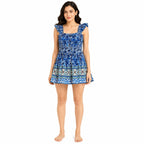 Women's Blue Printed Smocked Sleeveless Mini Dress with Ruffle Straps-2