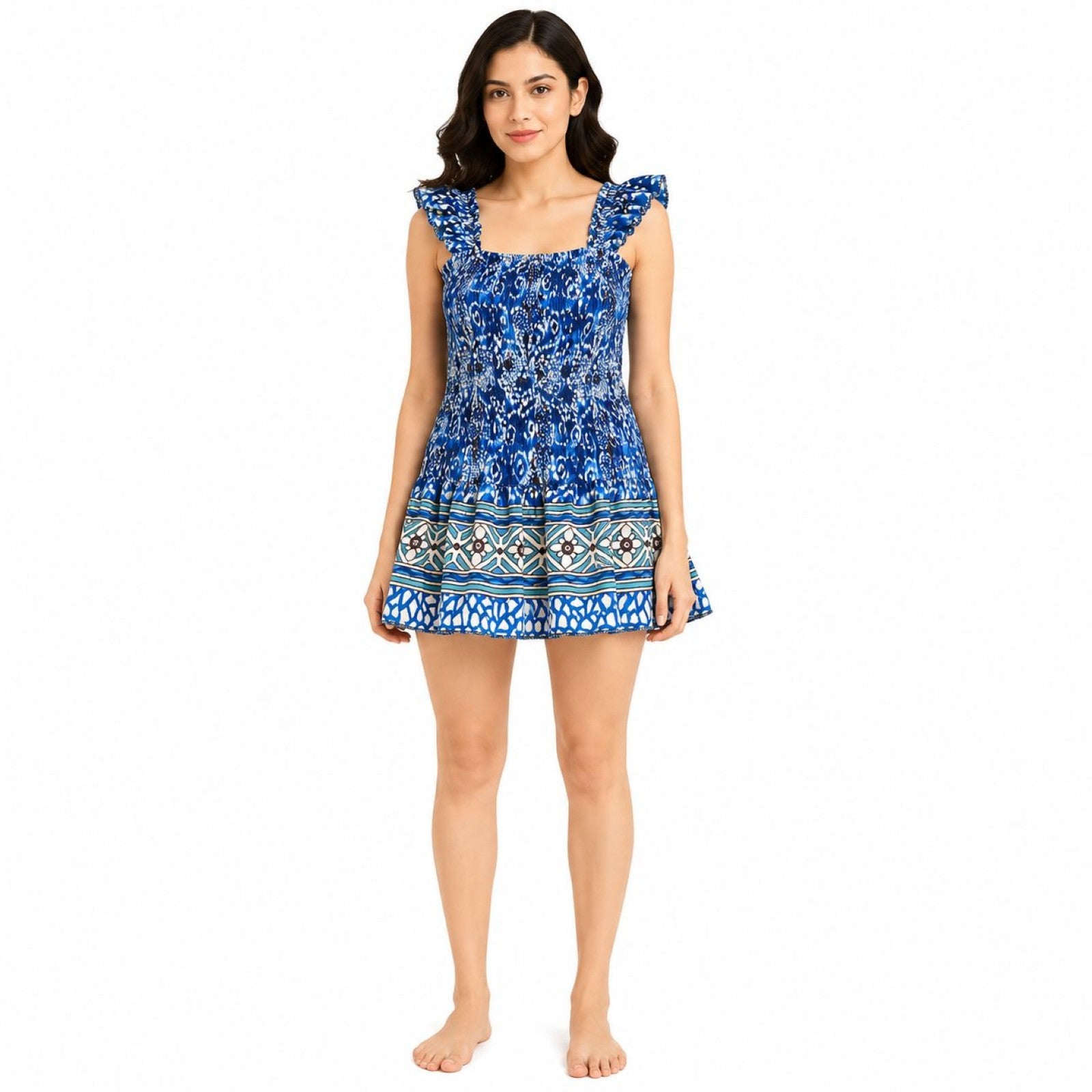 Women's Blue Printed Smocked Sleeveless Mini Dress with Ruffle Straps-2