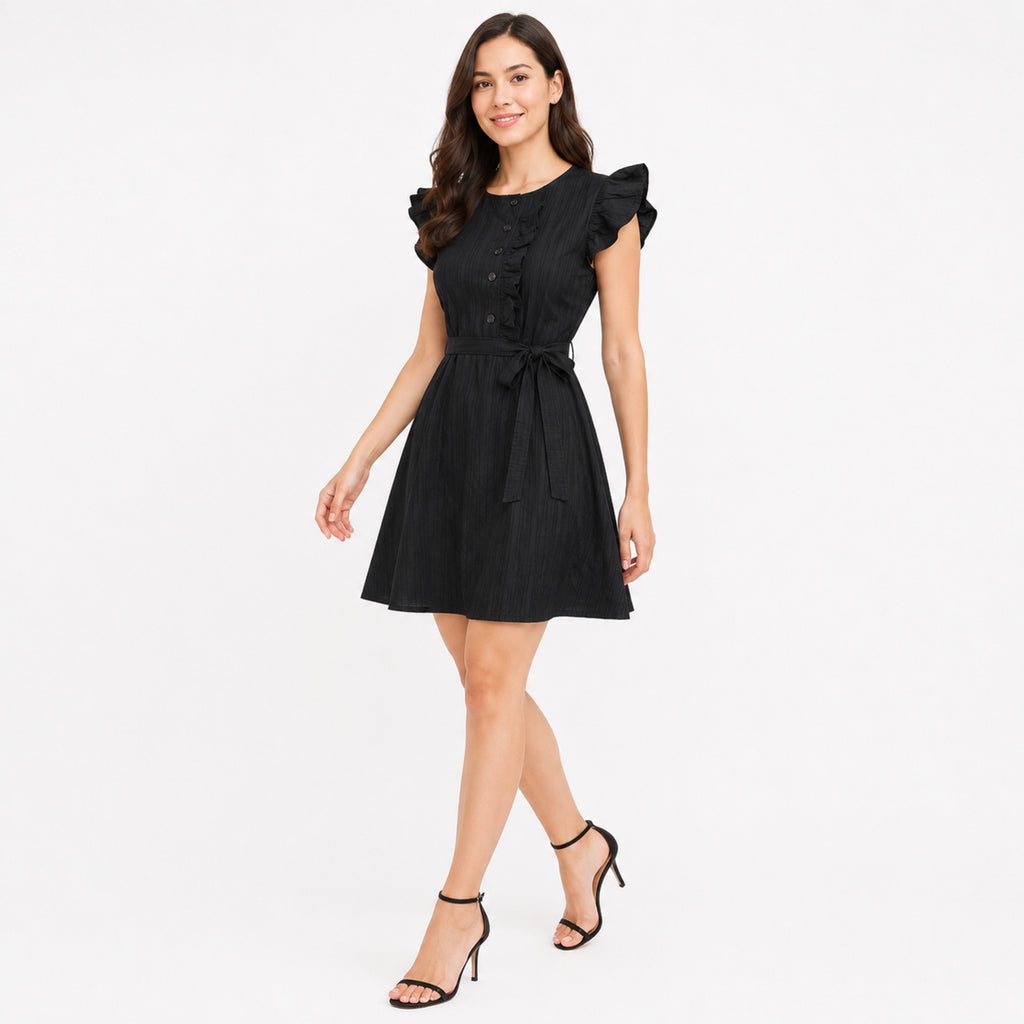 Women's Black Pintuck Ruffle Sleeve Belted A-Line Mini Dress | Button Detail Casual Day Dress-1
