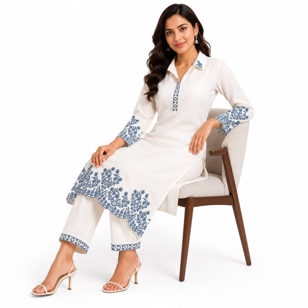 Women's Elegant Embroidered Kurta Pant Set | Premium Ethnic Wear Straight Fit Co-Ord Set for Women – Off White-3