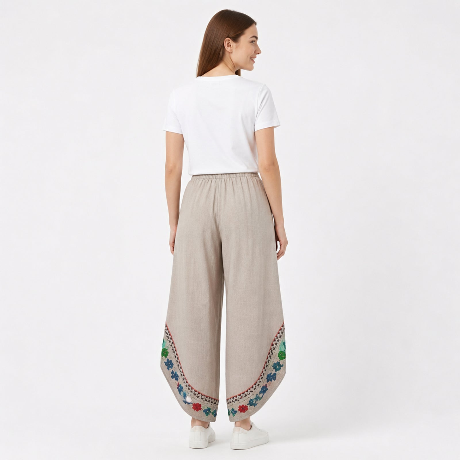 Beige Bloom Draped Wrap Trousers-4