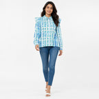 Women's Blue Tie-Dye Ruffle Shoulder Top with Tie Neck Detail-1