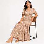 Women's Light Brown Floral V-Neck Puff Sleeve Tiered Maxi Dress | Flowy Elegant Day Dress-3
