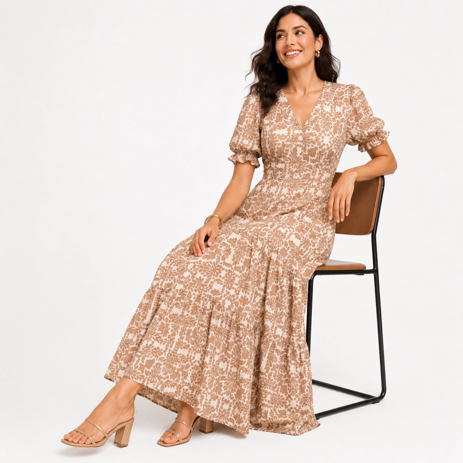 Women's Light Brown Floral V-Neck Puff Sleeve Tiered Maxi Dress | Flowy Elegant Day Dress-3