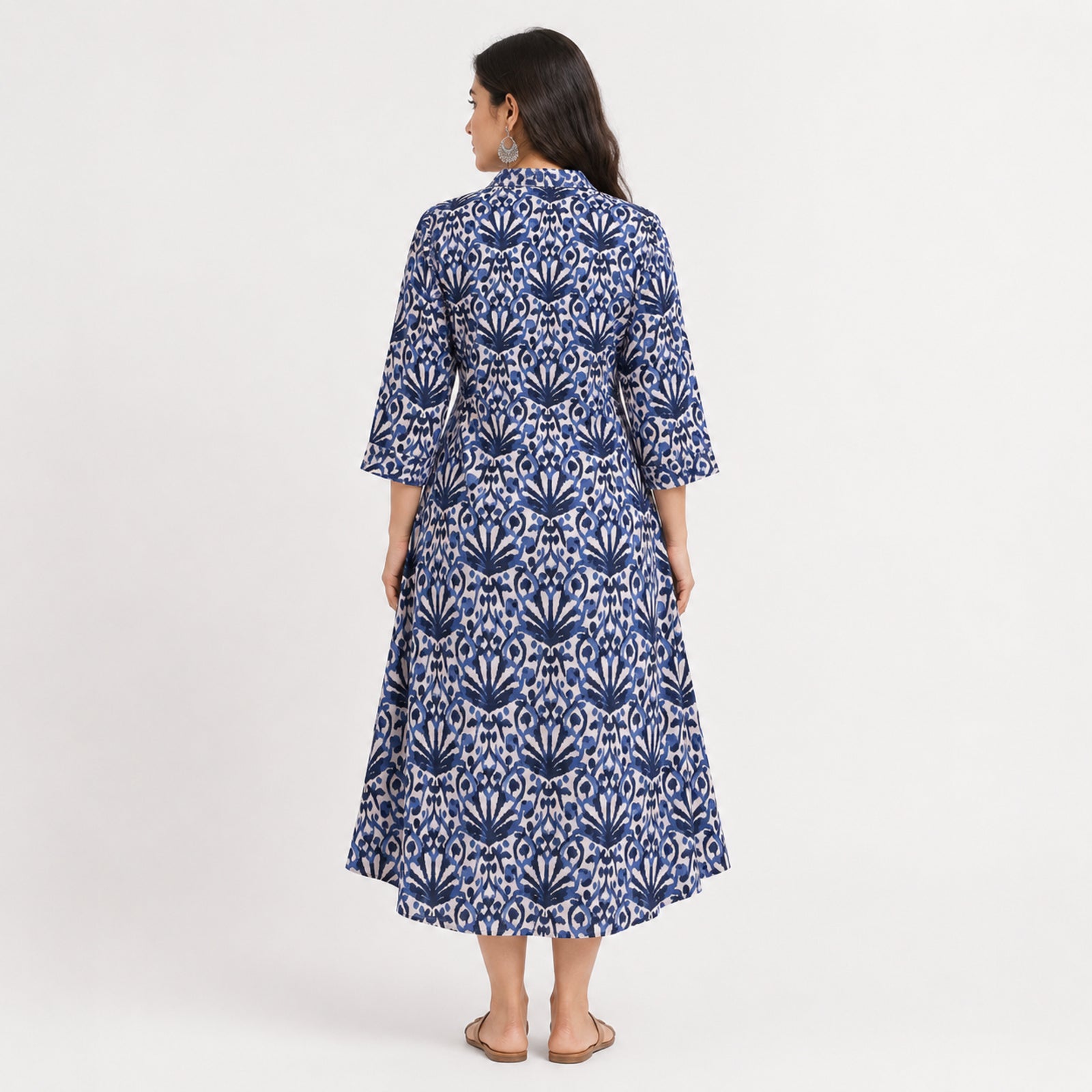 Women's Blue Ethnic Printed Flared Midi Dress-4
