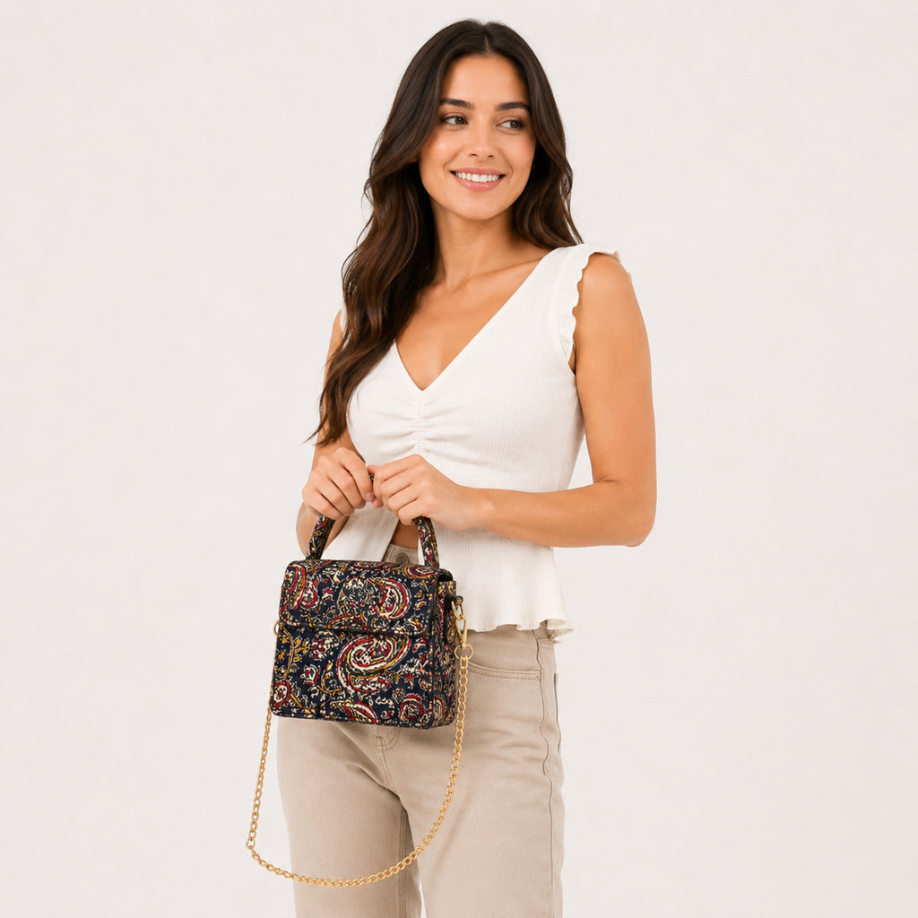 Women's Luxury Kalamkari Paisley Navy Blue Handbag with Structured Top Handle-2