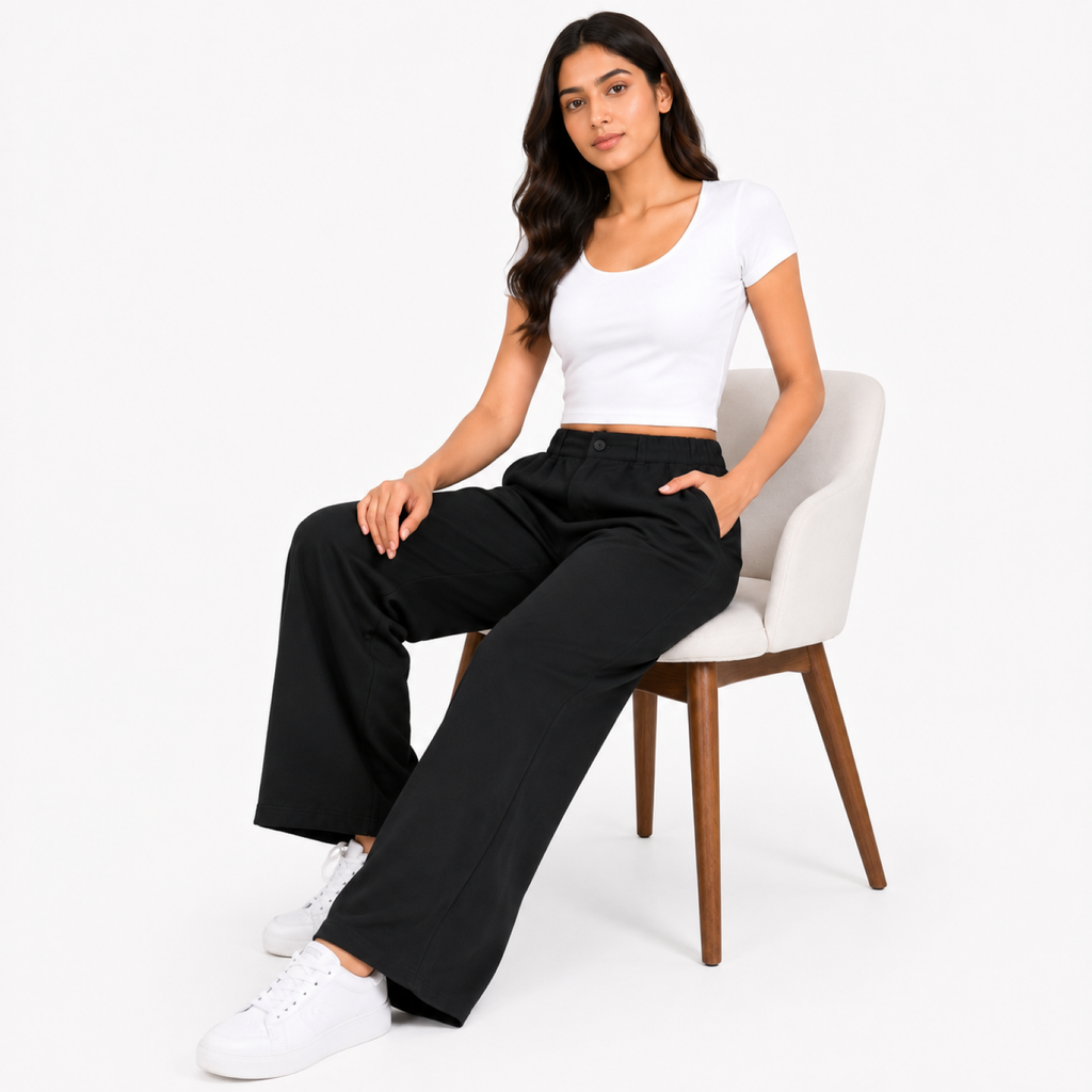 Women's Black High-Waist Wide Leg Casual Trousers-2