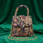 Women's Navy Blue Paisley Print Mini Handbag with Chain Strap-3