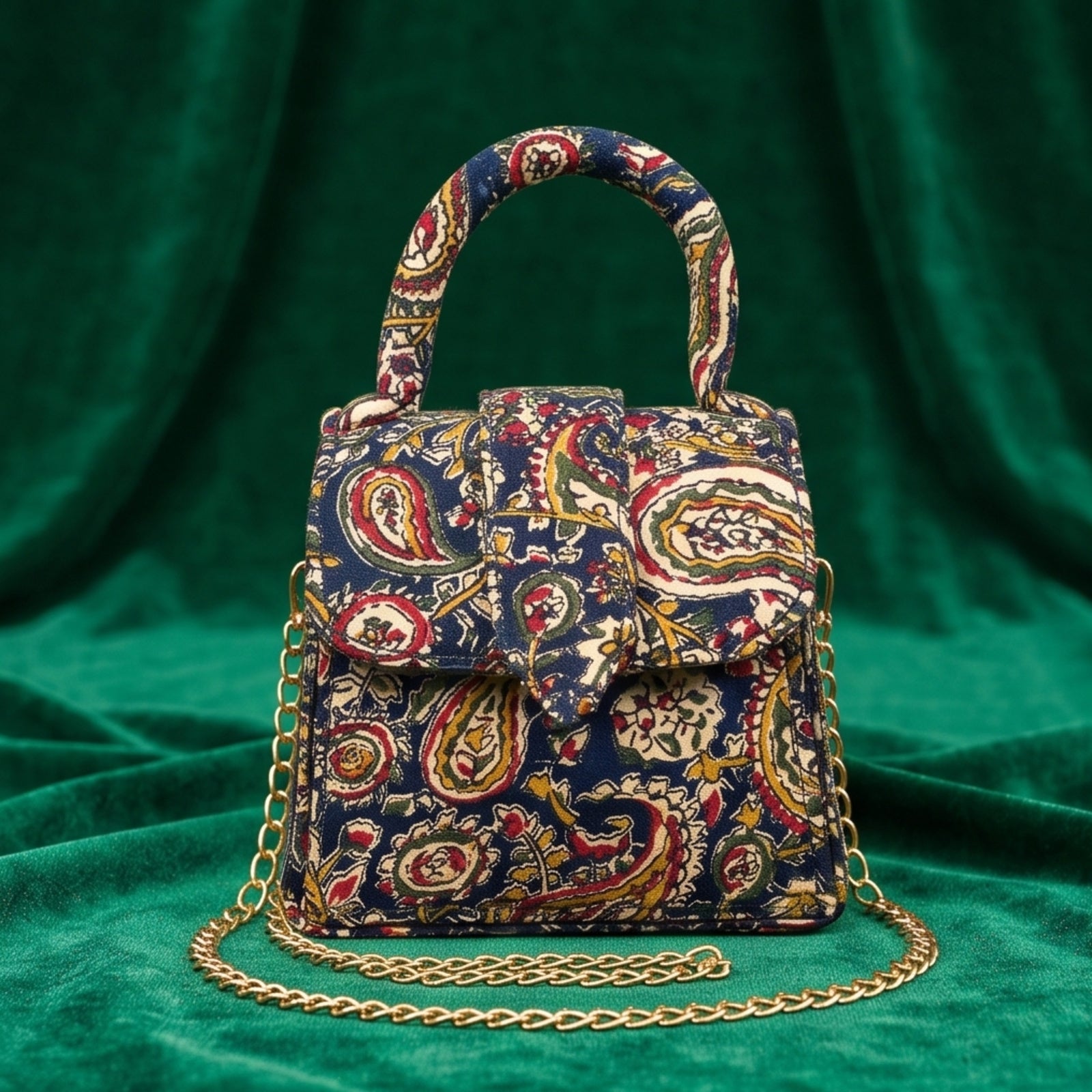 Women's Navy Blue Paisley Print Mini Handbag with Chain Strap-3