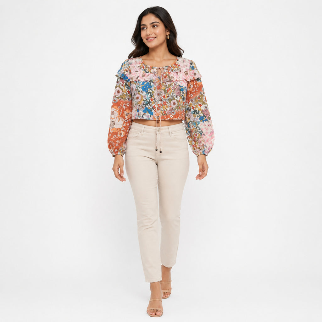 Women's Floral Print Ruffle Neck Crop Top with Tie-Up Detail-2