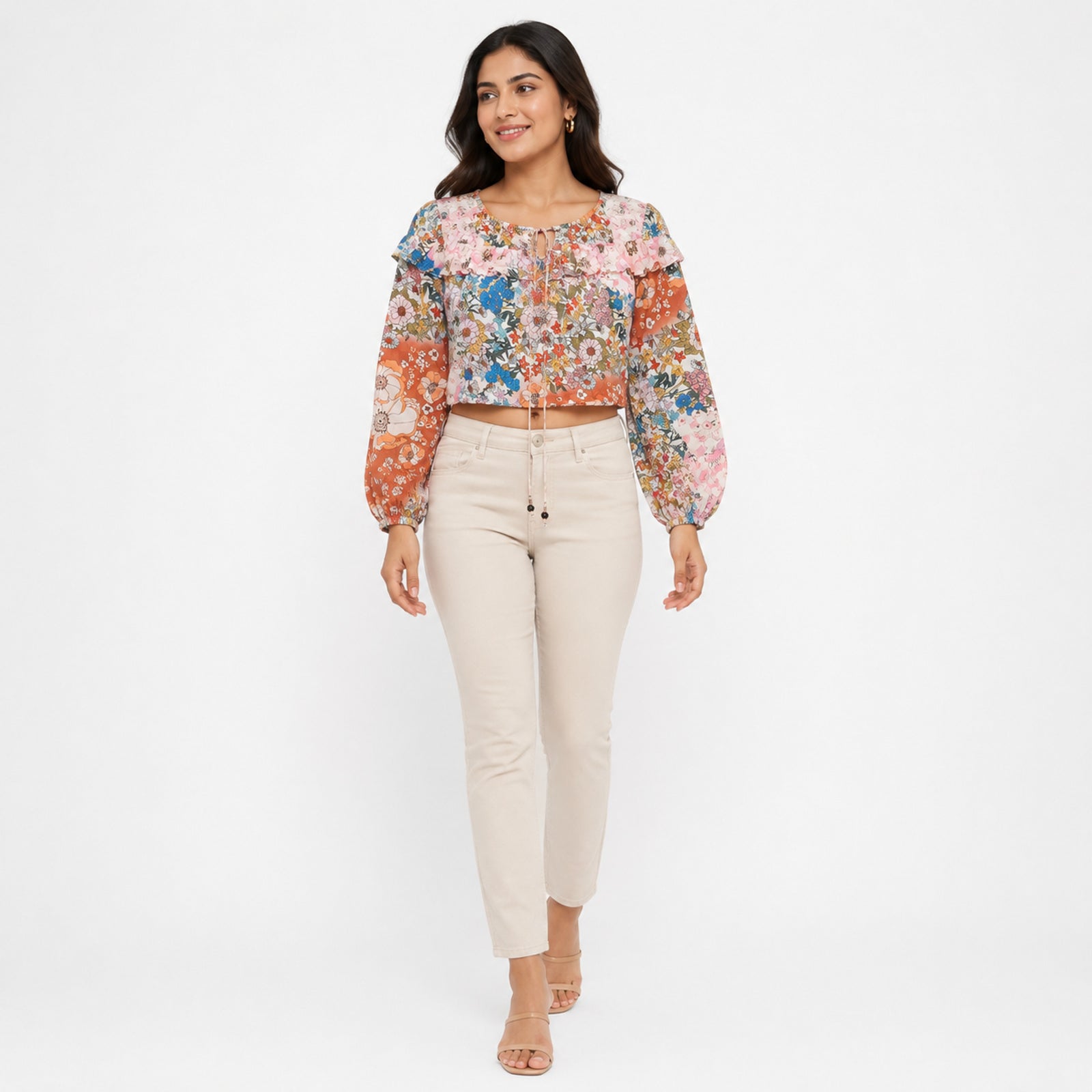 Women's Floral Print Ruffle Neck Crop Top with Tie-Up Detail-2