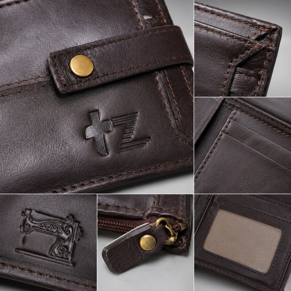 Men's Luxury Coffee Brown Leather Bi-fold Wallet with Snap Button and Zipper Pocket-3