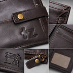 Men's Luxury Coffee Brown Leather Bi-fold Wallet with Snap Button and Zipper Pocket-3