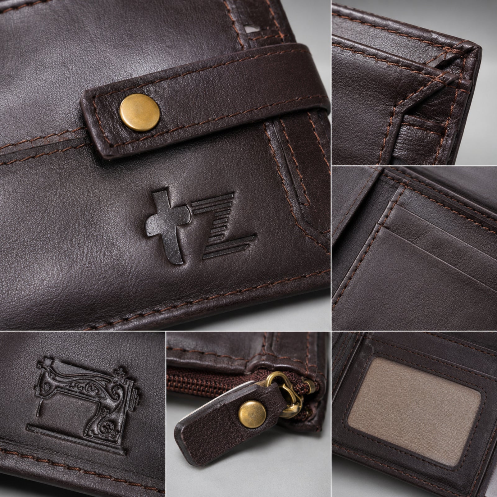 Men's Luxury Coffee Brown Leather Bi-fold Wallet with Snap Button and Zipper Pocket-3