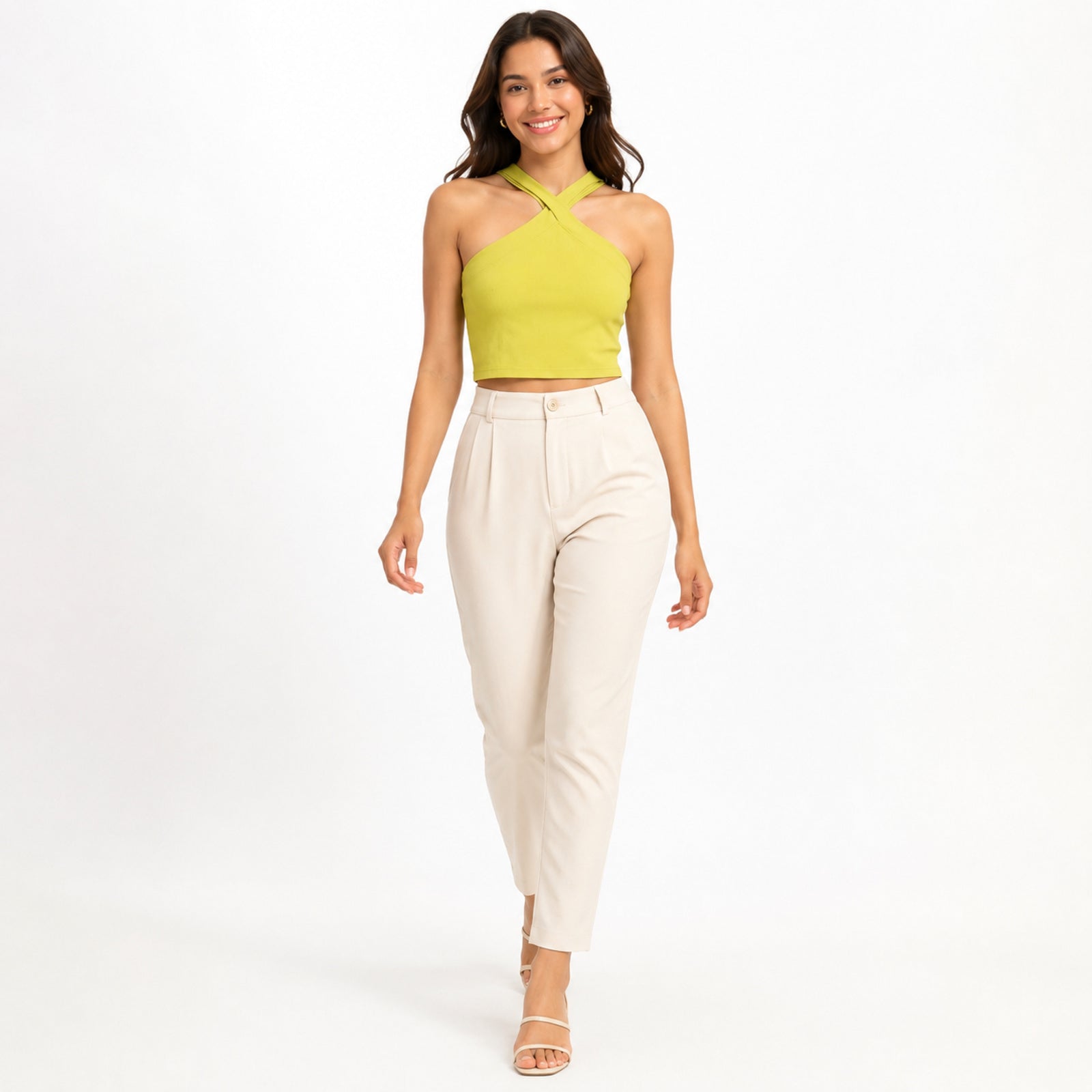 Women's Parrot Green Criss-Cross Halter Neck Fitted Crop Top | Solid Sleeveless Party Top-1