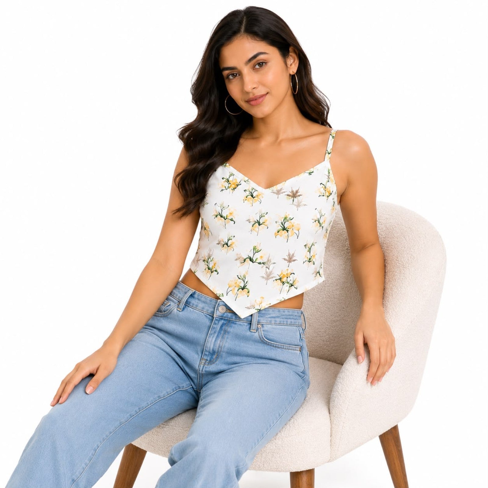 Women's Ivory Meadow Floral Handkerchief Hem Cami Top-3